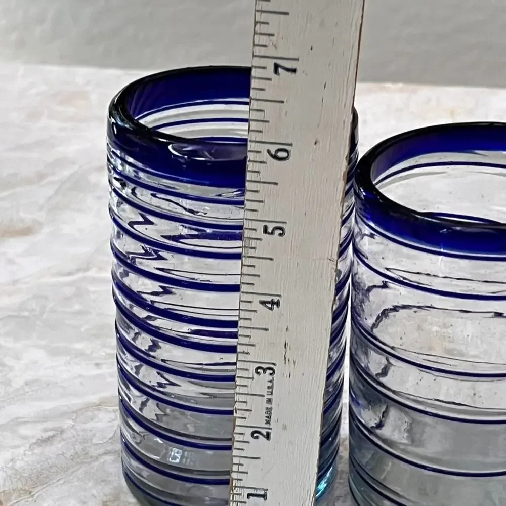Mexican Hand Blown Drinking Glasses Set of 2 Cobalt Blue Spiral Thick Rim
